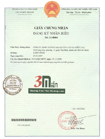Chứng nhận đăng kí nhãn hiệu