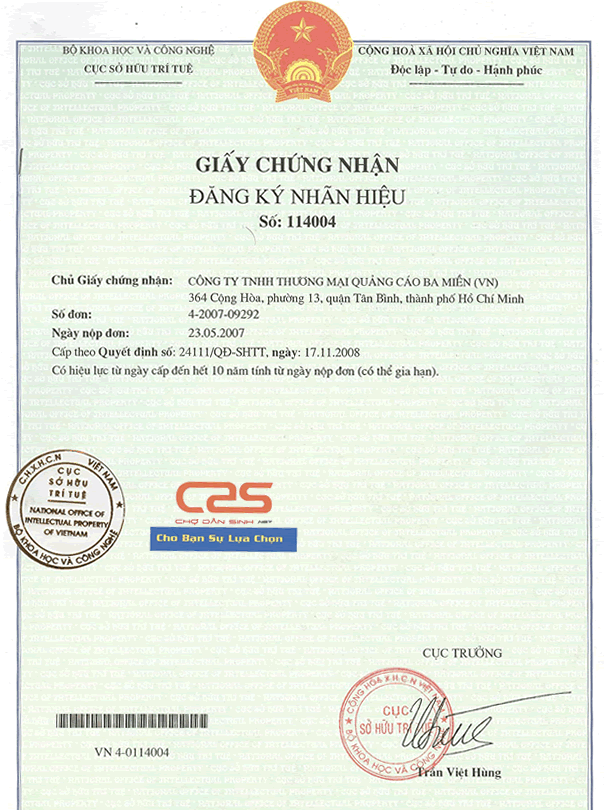 Giấy chứng nhận đăng ký nhãn hiệu  chodansinh